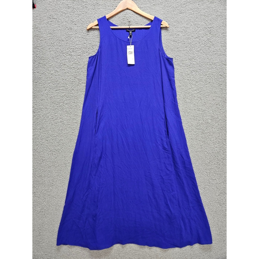 NWT Eileen Fisher 100% Silk Georgette Crepe Midi Dress Small Blue Violet Pockets